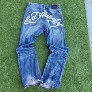 Vtg Y2K Ed Hardy Jeans Denim Designer Logo Distressed‎ Mens Size 34x33 Spellout